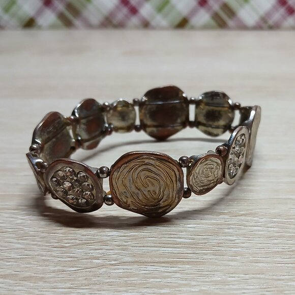 Vintage Bronze Tone Brown Flat Bead Stretch Bracelet Cuff #27 - Picture 10 of 13
